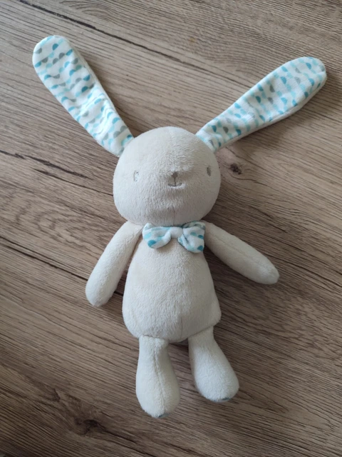 Klorane Doudou Peluche Lapin Beige Noeud Papillon Bleu Gris Demi Cercle