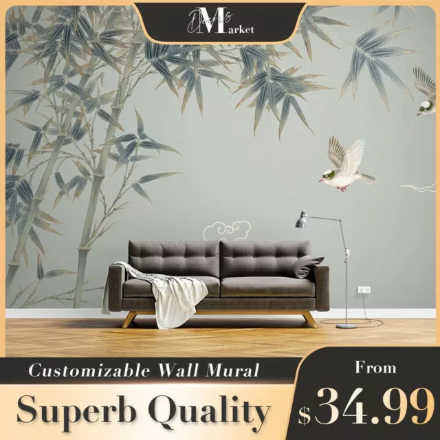 Bamboo Birds Floral Leaves 3D Wall Mural Removable Designer Wallpaper Murals