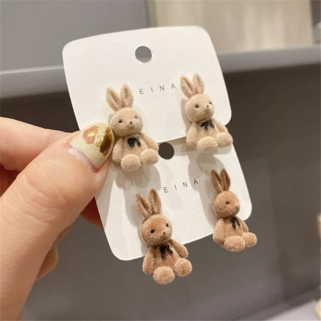Sweet Cute Flocking Plush Bow Rabbit Stud Earrings For Women Korean Fashion BII