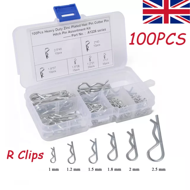 100 Pcs Hair Pin Hitch Retaining R Clips Spring Bright Assorted Set Zinc Plated