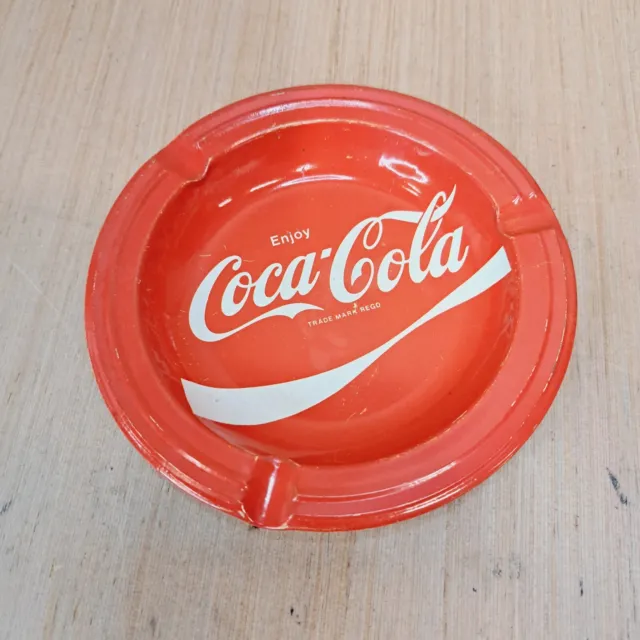 Vintage Enjoy Coca-Cola Ashtray Red White Small Tin 5"