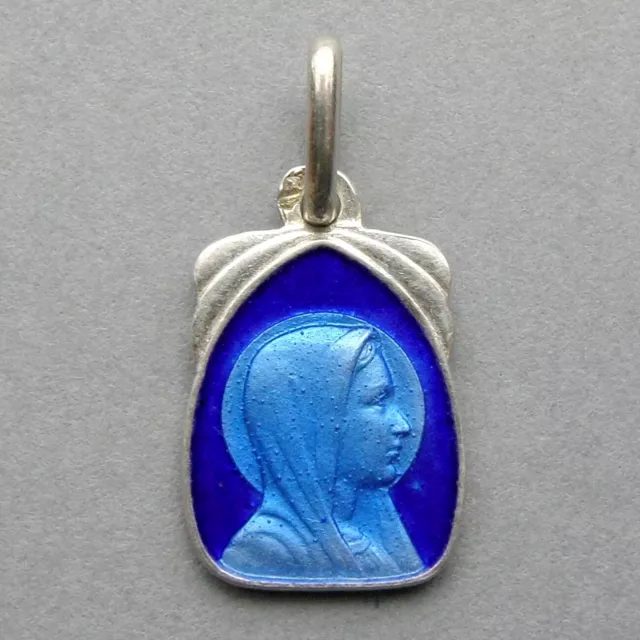 French, Antique Religious Silver Pendant. Saint Virgin Mary. Enamel Medal.
