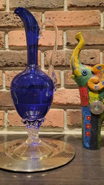 Glas Henkelvase / Karaffe Krug Vase zweifarbig Vintage