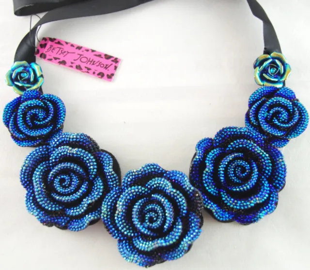 Wow! Nwt Betsey Johnson Blue Ab Rhinestone Dimensional Rose Flower Bib Necklace
