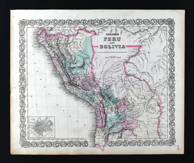 1874 Colton Map South America Peru Bolivia Lima Cuzco La Paz Iquitos Amazon SA