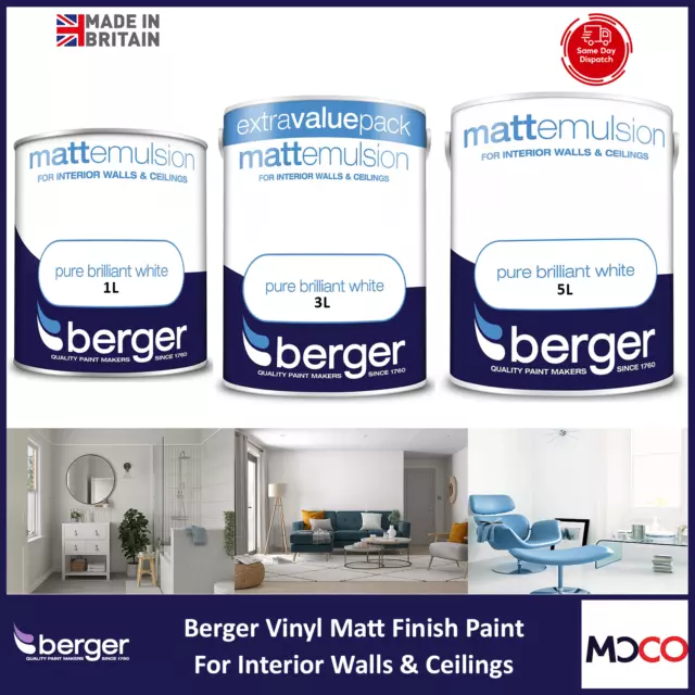 Berger Vinyl Matt Emulsion Paint For Interior Walls Ceiling Pure Brilliant White
