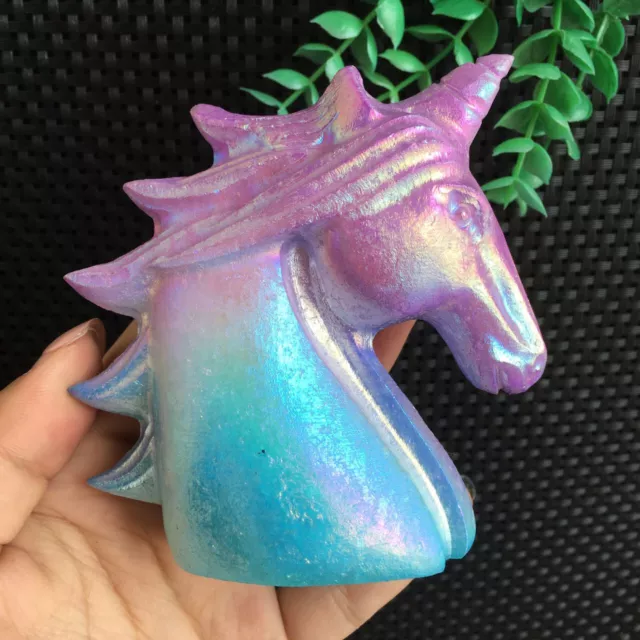 357g Titanium Purple Blue Aura White Jade Unicorn Carving Quartz Crystal Collect