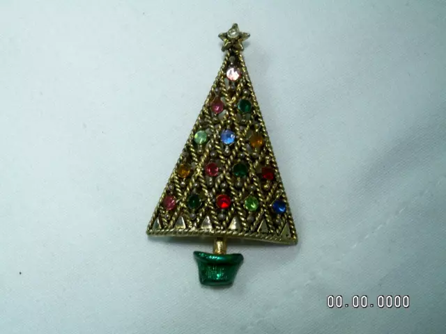 Vintage Hollycraft Color Oro, Strass Albero di Natale Spilla