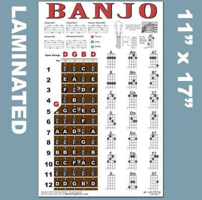 LAMINATED BANJO CHORD Chart Poster Fretboard Rolls 5 String Chords ...