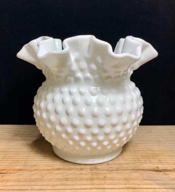 Vintage Large Fenton Milk Glass Hobnail Vase / Rose Bowl - Ruffled Edge 5” tall