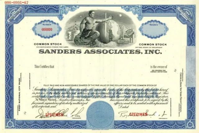 Sanders Associates, Inc. - Stock Certificate - Specimen Stocks & Bonds