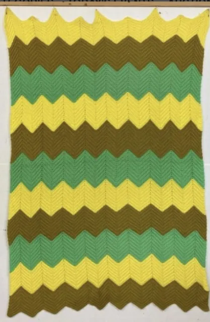 Vintage Boho Chevron Ripple Afghan Blanket handmade Green Yellow Brown 72” X 50”