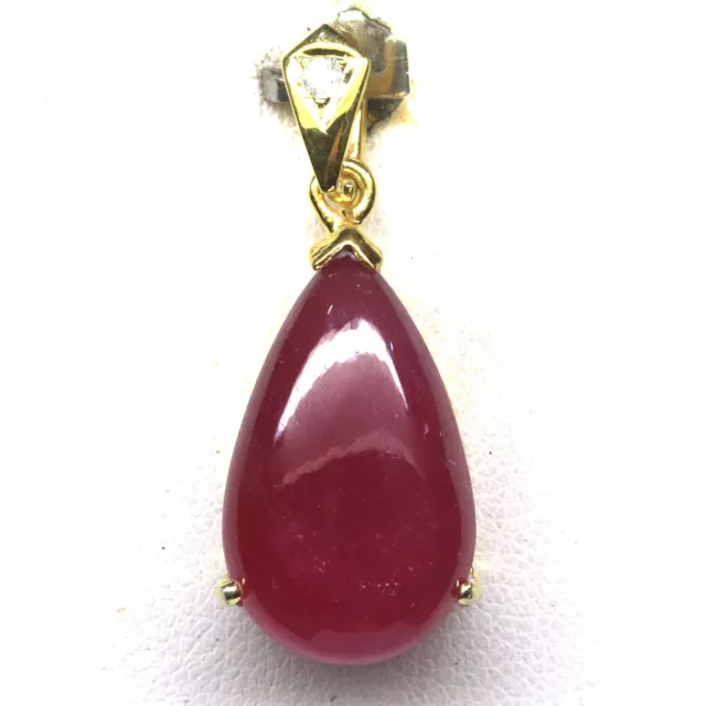 Gemstone 12 x 20 mm. Red Ruby & White Zircon Pendant 925 Silver 18K Gold