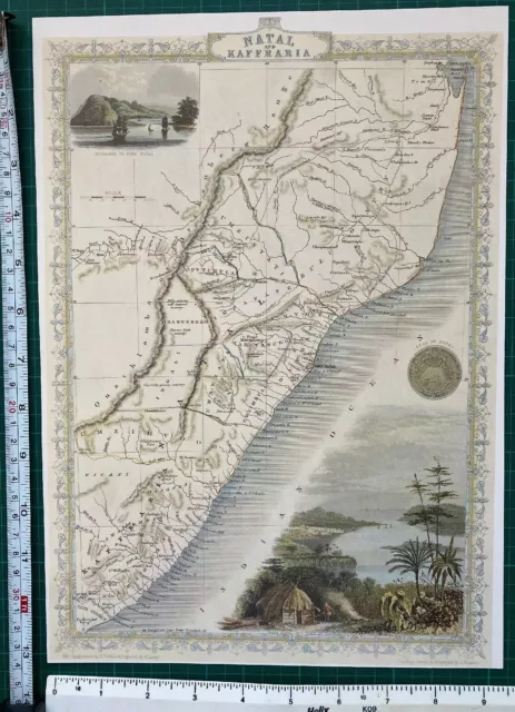 Antique vintage Picture map 1800s Natal & Kaffraria South Africa Tallis Reprint