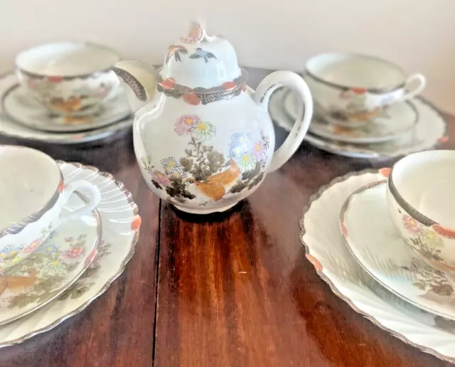 Vtg. Japanese Kutani eggshell Lunch Tea set Quails & Flowers-14 pieces-marked 3