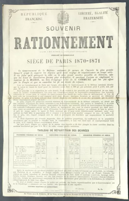 Affiche. Siège de Paris. Souvenir du rationnement. Vers 1871