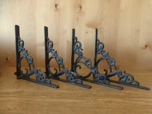 SET 4 BROWN ANTIQUE-STYLE 9.5" SHELF BRACKETS CAST IRON rustic garden LEAF SWIRL
