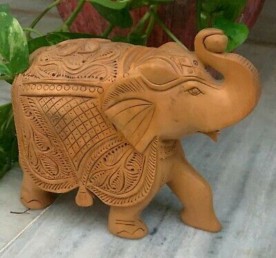 Vintage Elephant Statue Hand Carved Kadam Wood Figurine Traditional Table Decor