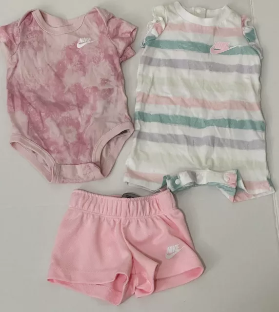 Nike Baby Girl Pink Body Suit, Short And Romper 3 Piece Set Size 3 Months