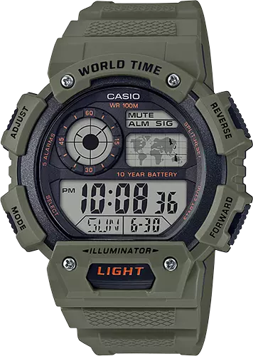 Casio AE1400WH-3AV, Chronograph Watch, 100M, 5 Alarms, World Time, Illuminator