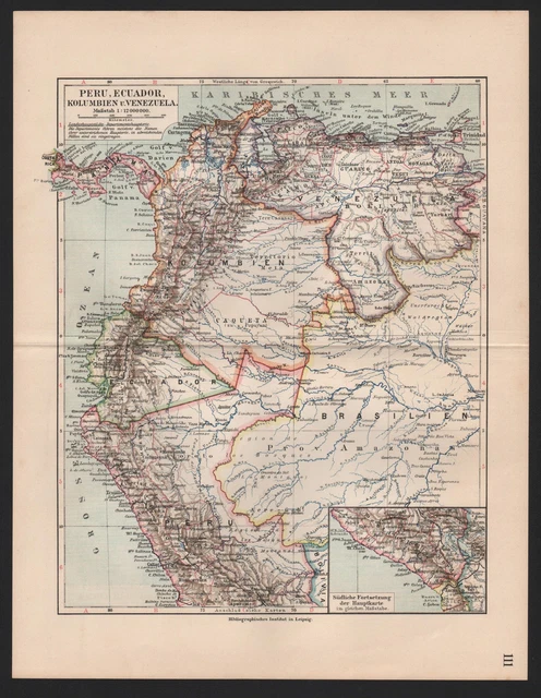Landkarte map el mapa 1912: PERU, ECUADOR, KOLUMBIEN UND VENEZUELA. 1:12.000.000