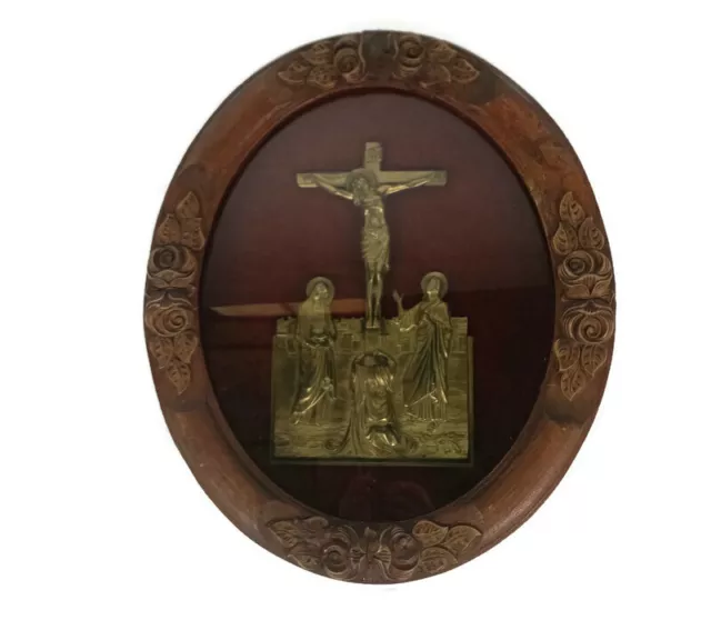 Antique Oval Ornate Wooden Frame Convex Glass Dome Crucifix Cross Golgotha Gorge
