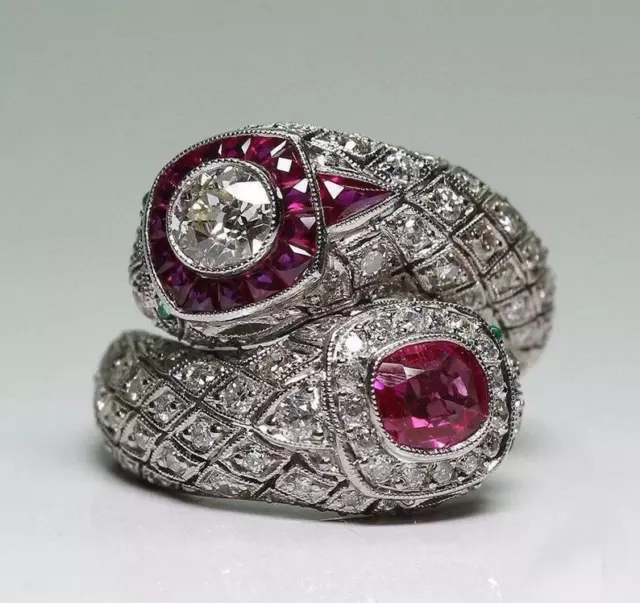 Art Deco 3CT Lab-Created Diamond & Ruby Snake Bypass 14K White Gold Filled Ring