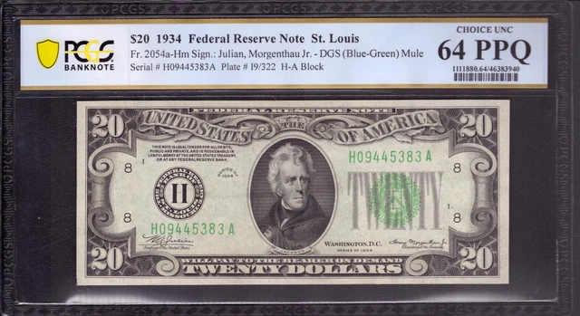 1934 $20 FEDERAL RESERVE NOTE ST. LOUIS FR.2054-Hm MULE DGS PCGS B CU 64 PPQ