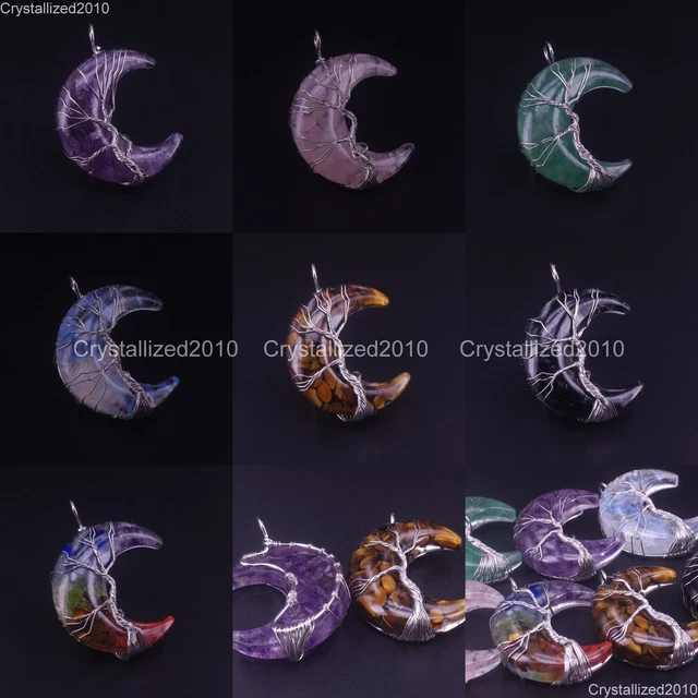 Natural Gemstone Chip Resin Moon Handmade Wire Life Tree Healing Pendant Beads