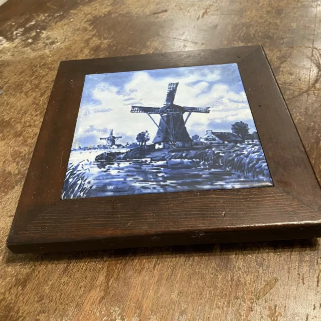 FRAMED MID-STATE CERAMIC TILE/TRIVET WINDMILL SCENE, 6 x 6 BLUE DELFT SCENE