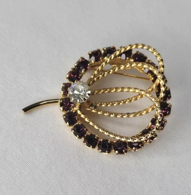 Vintage Gold Tone Purple Rhinestone Brooch Spray 3D Wire Work Circle Clear Stone