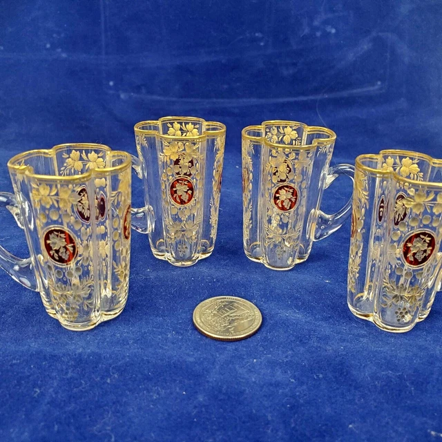 4 Antique BOHO Moser Miniature Clear Ruby Gold Floral Etched Shot Glass Handle