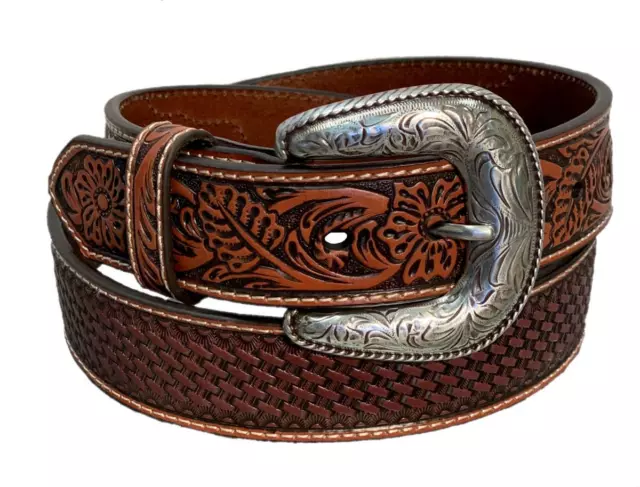 Ariat Western Mens Belt Leather Embossed Weave Floral Tan
