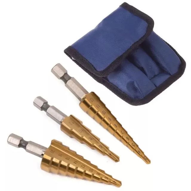 3PCS Drill Bit Set Titanium Nitride Coated Steel Step Quick Change 1/4 Shank