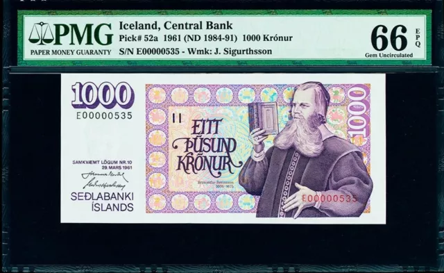 Iceland 1000 Kronur 1961 ND (1984-91) LOW # 00000535 Pick-52a GEM UNC PMG 66 EPQ