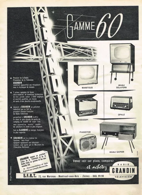 PUBLICITE ADVERTISING 0314   1959   GRANDIN   téléviseur hi-fi radio gamme 60