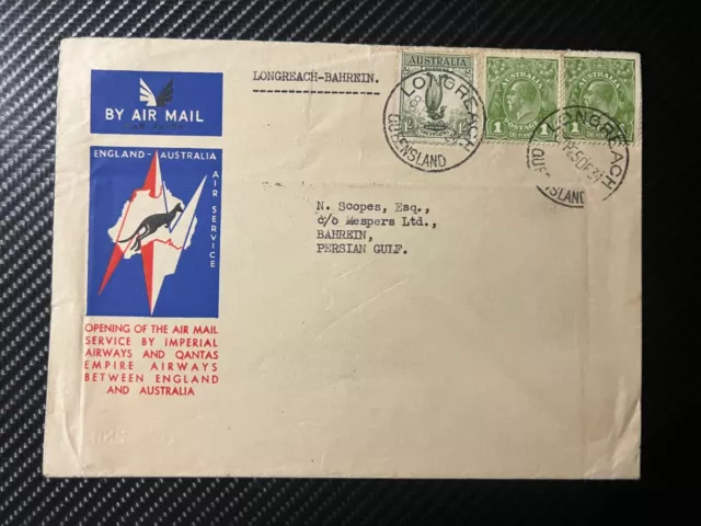 1931 Australia Airmail First Flight Cover FFC Longreach to Bahrein Persian Gulf