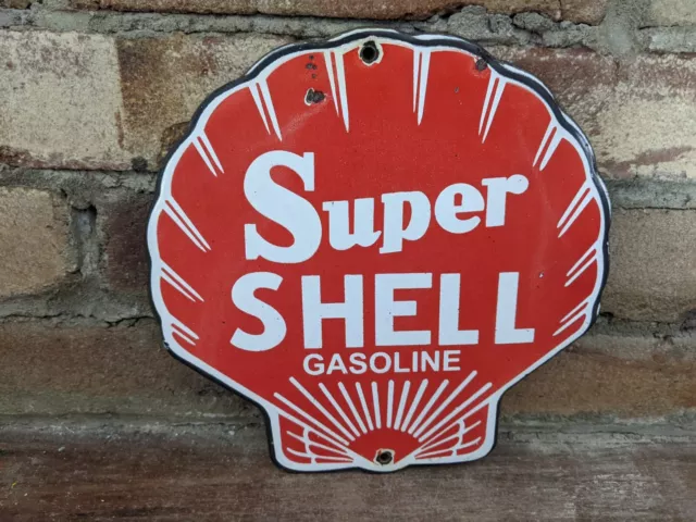 Vintage Super Shell Gasoline Porcelain Metal Gas Pump Door Sign Motor Oil 8"