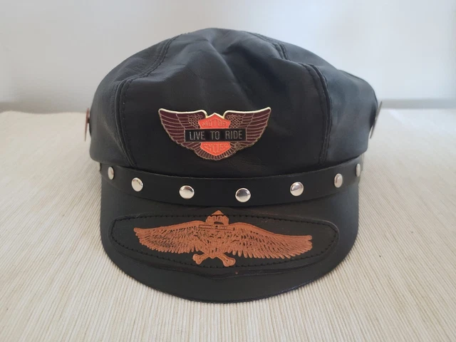 Vintage Freedom Machine Cycles Black Leather Bikers Hat Studded Pins Harley Cap