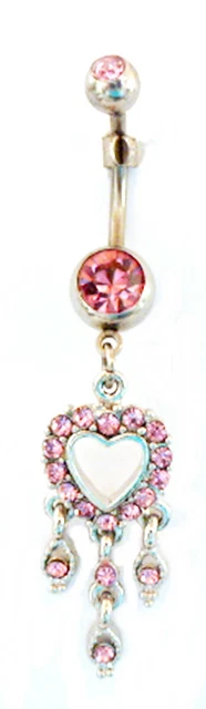 Belly Ring Heart Open w/Pink Gems & Charms Dangle Naval Steel Body Je