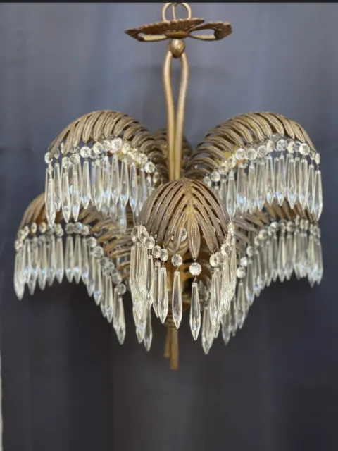 Antique Bronze Brass French Art Deco Nouveau Palm Leaf Frond Crystal Chandelier