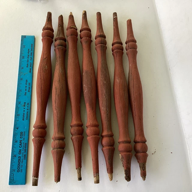 7 Antique Shabby Turned Spindles Old Red Paint l2”- 13” Long