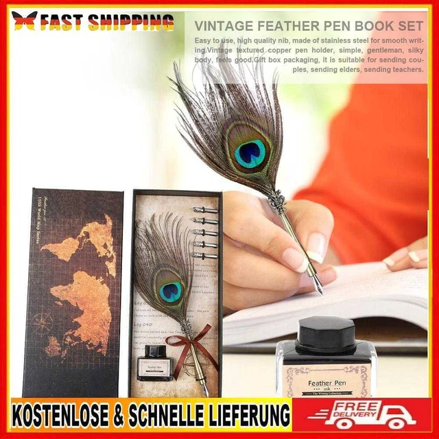 Retro Peafowl Feather Dip Pens Writing Ink Set Fountain Pens Stationery Gift