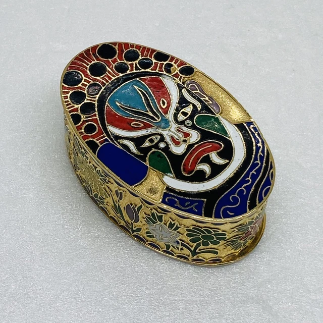 Rare 1960s Chinese Cloisonné Enamel Beijing Opera Mask Oval Floral Trinket Box 6