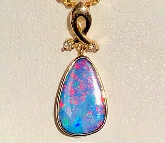 Soft Pink Natural Australian Black opal fire 14k gold necklace pendant NWT VIDEO