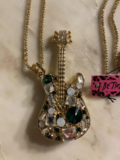 Betsey Johnson Necklace Green Rhinestone Crystal Guitar Long Gold Chain NEW