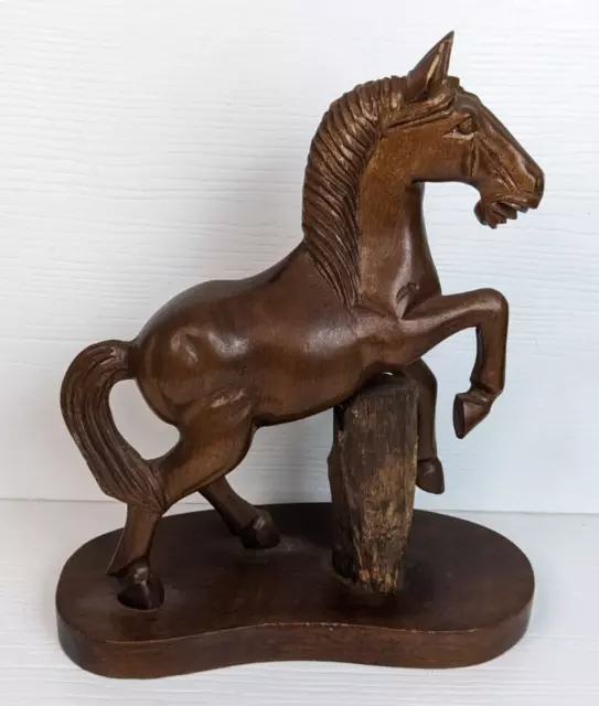 Vintage Wood Hand Carved Oriental Rear HORSE 10” Figurine STATUE Folk Art FLAWED