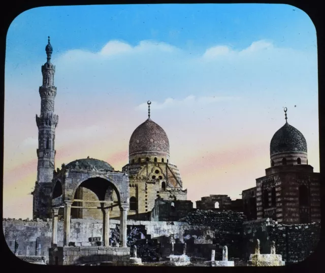 EL KAITBEY MOSQUE CAIRO EGYPT C1890 TINTED ANTIQUE Magic Lantern Slide PHOTO