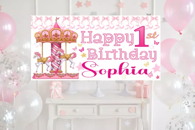 Personalised Photo Birthday Banner 1st First Carousel Fairground Girls 2nd 3rd t 3