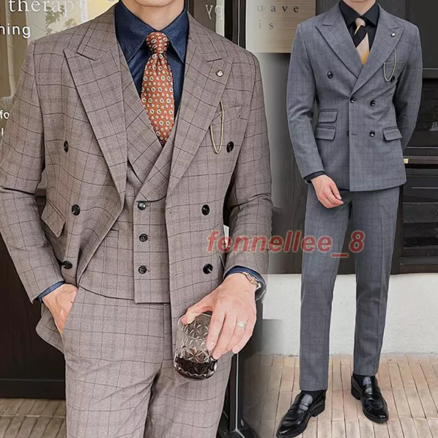 3PCS Check Suit Men's Dress Blazer Jacket Vest Pants Wedding Tuxedos Formal Coat